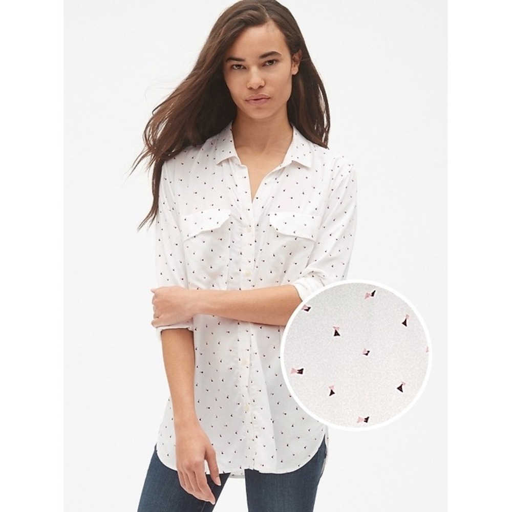 Gap Womens White Pink Ditsy Print Utility Pocket Boyfriend Fit Rayon Shirt M
